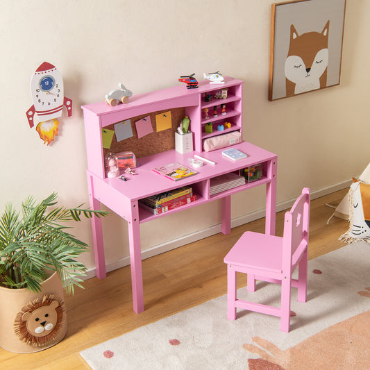 Kids Desk and Chair Set with Hutch and Bulletin Board for 3+ Kids-Pink Kids Crystal