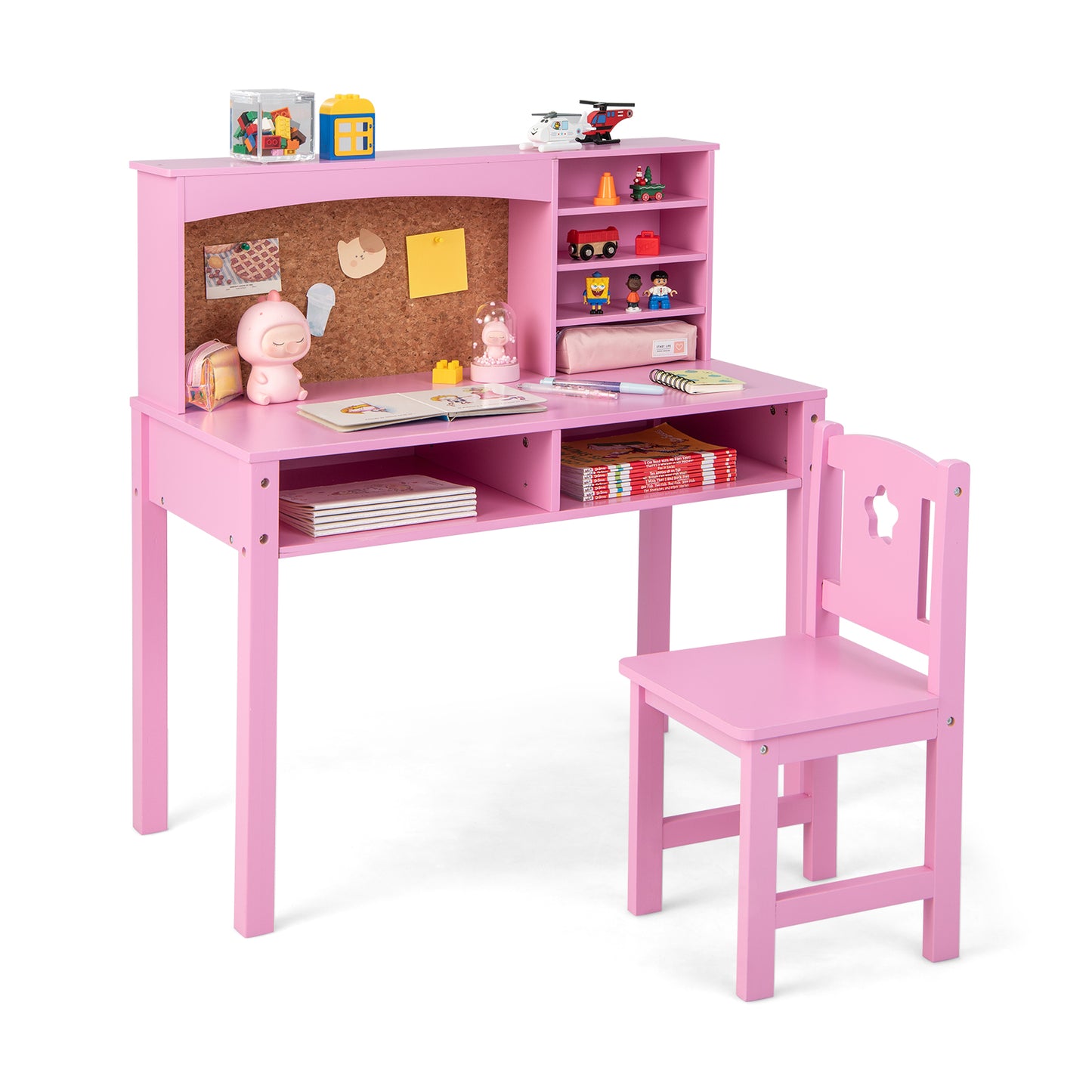 Kids Desk and Chair Set with Hutch and Bulletin Board for 3+ Kids-Pink Kids Crystal