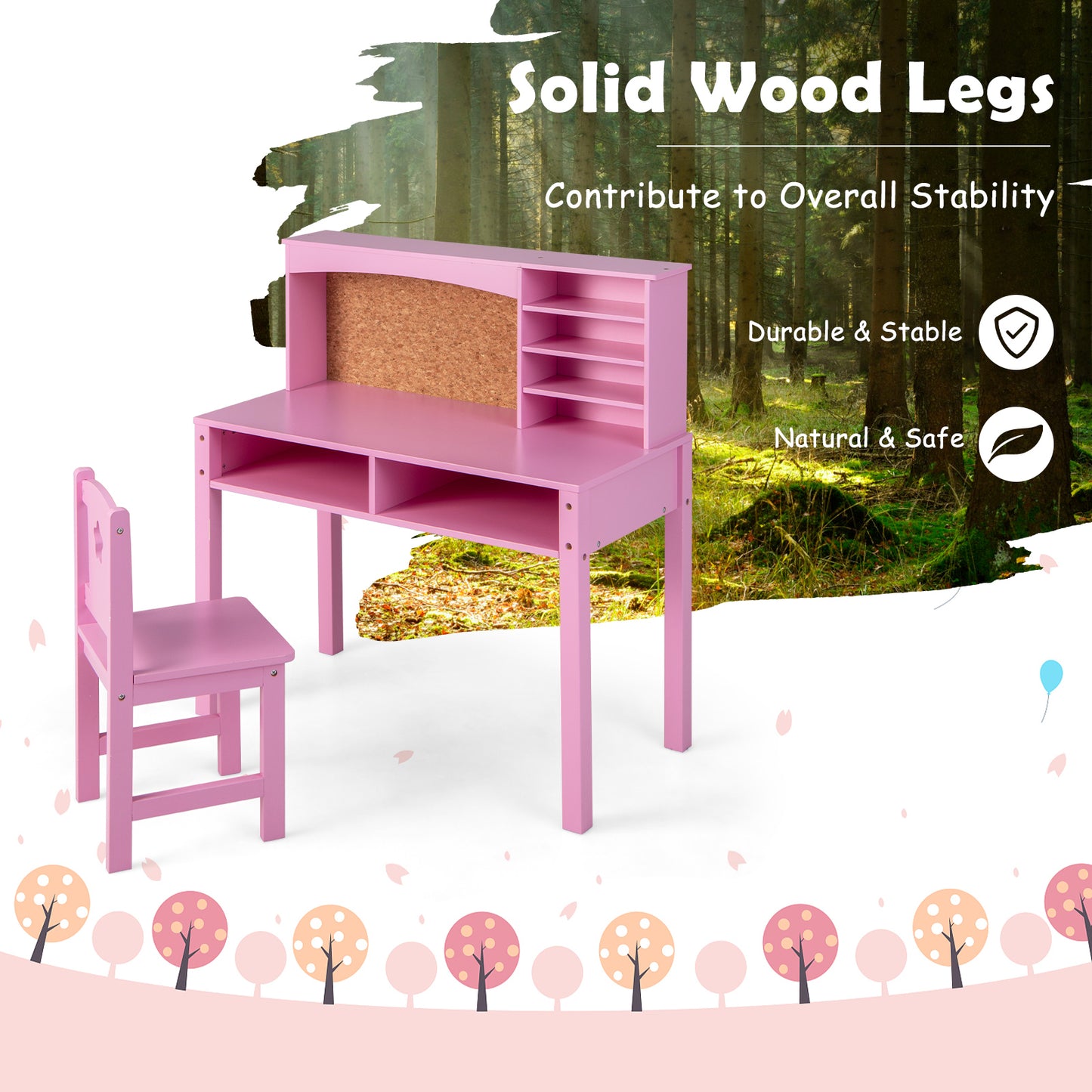 Kids Desk and Chair Set with Hutch and Bulletin Board for 3+ Kids-Pink Kids Crystal