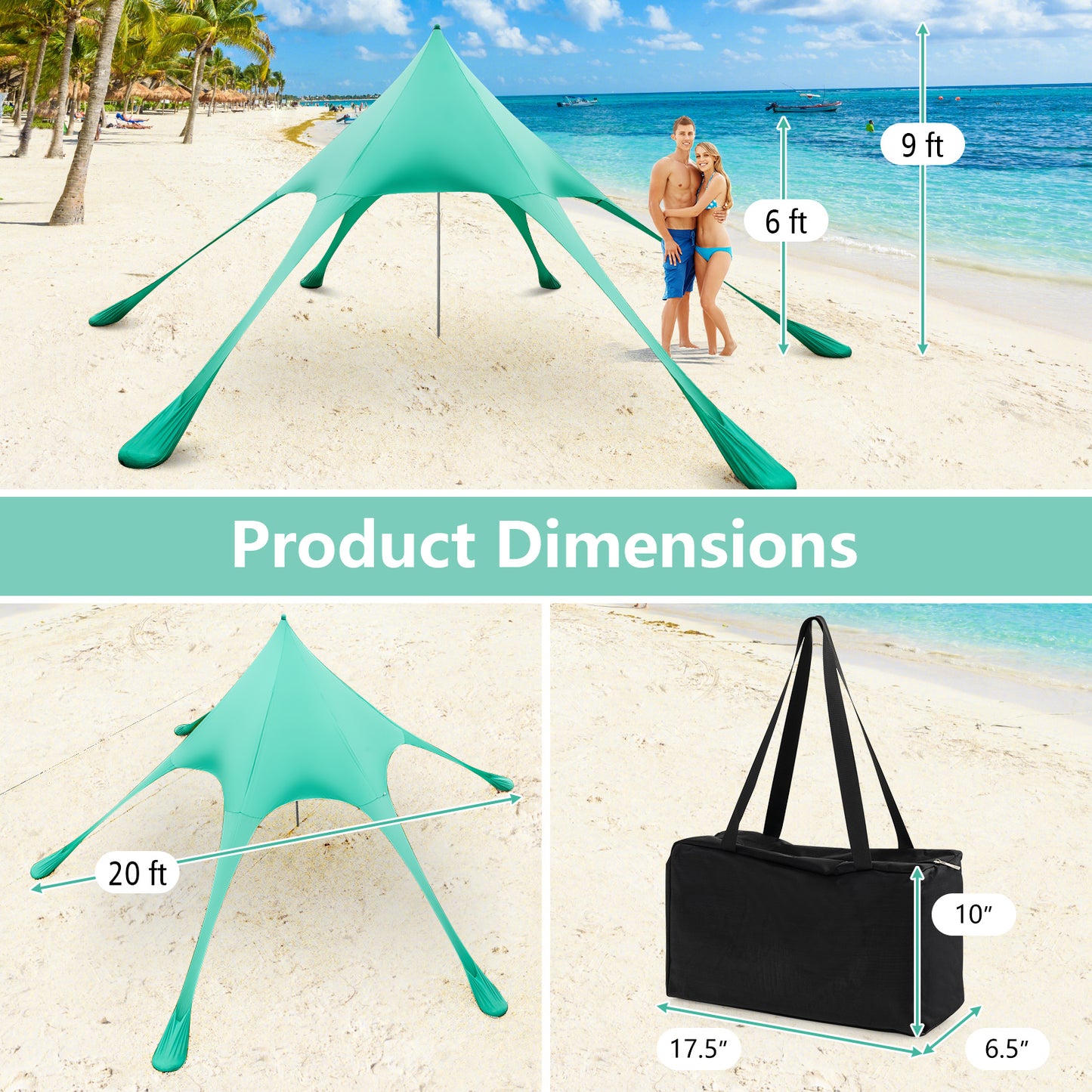 20 x 20 Feet Beach Canopy Tent with UPF50+ Sun Protection and Shovel-Green Kids Crystal