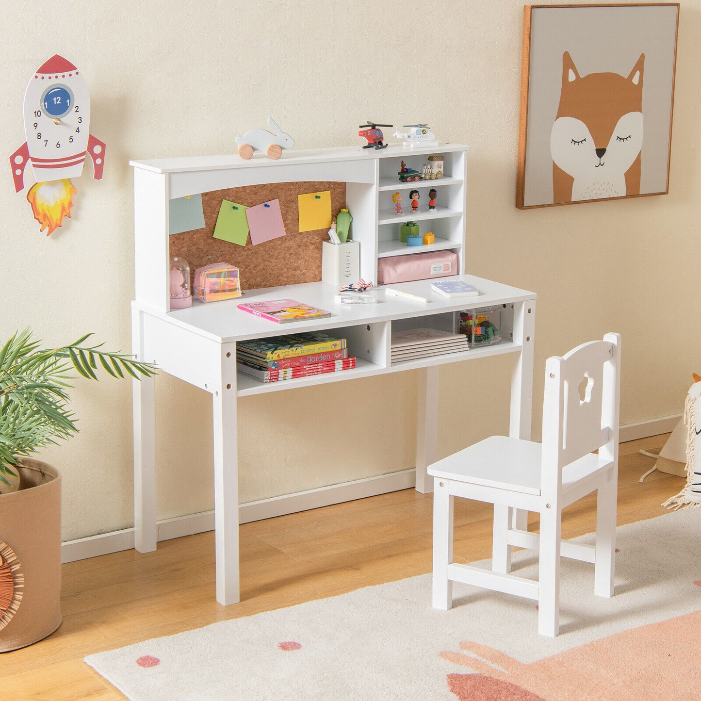 Kids Desk and Chair Set with Hutch and Bulletin Board for 3+ Kids-White Kids Crystal