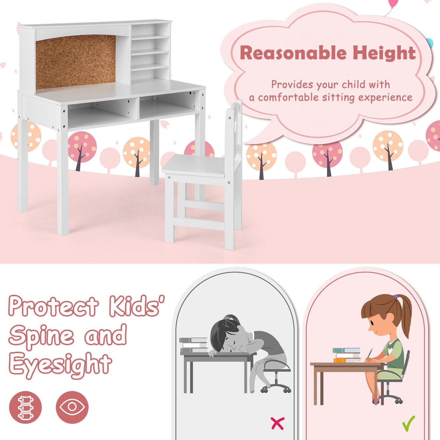 Kids Desk and Chair Set with Hutch and Bulletin Board for 3+ Kids-White Kids Crystal