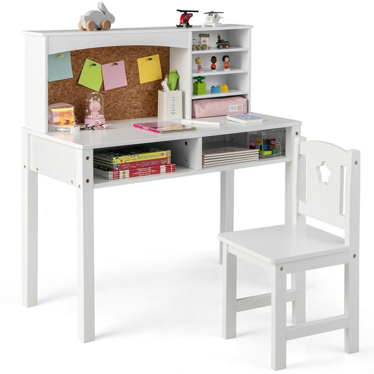 Kids Desk and Chair Set with Hutch and Bulletin Board for 3+ Kids-White Kids Crystal
