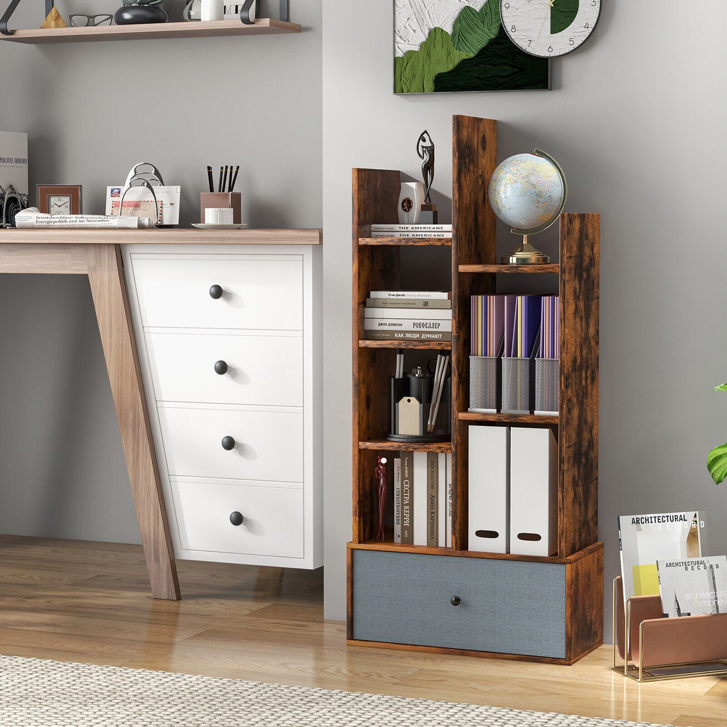 7-Tier Open-Back Bookshelf with Drawer-Rustic Brown Kids Crystal