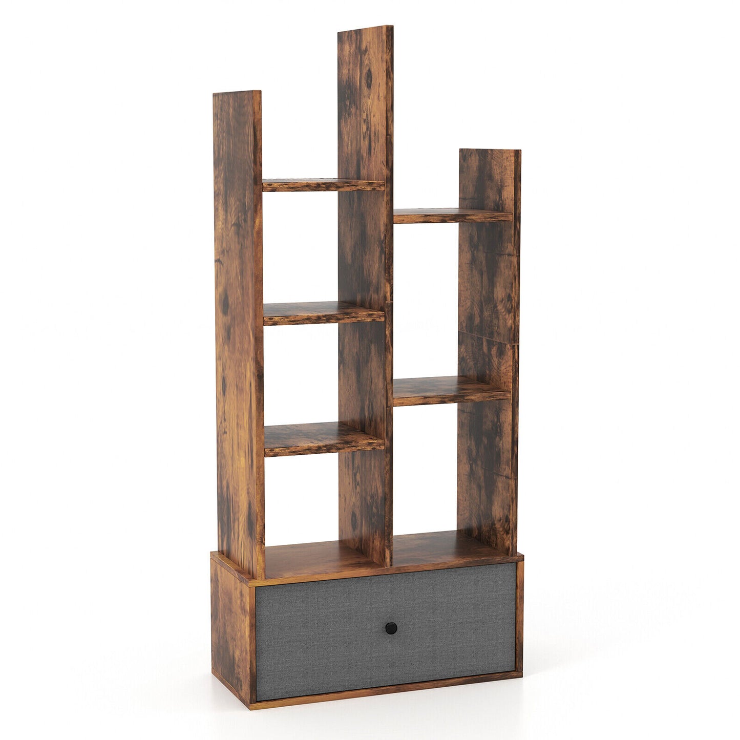 7-Tier Open-Back Bookshelf with Drawer-Rustic Brown Kids Crystal