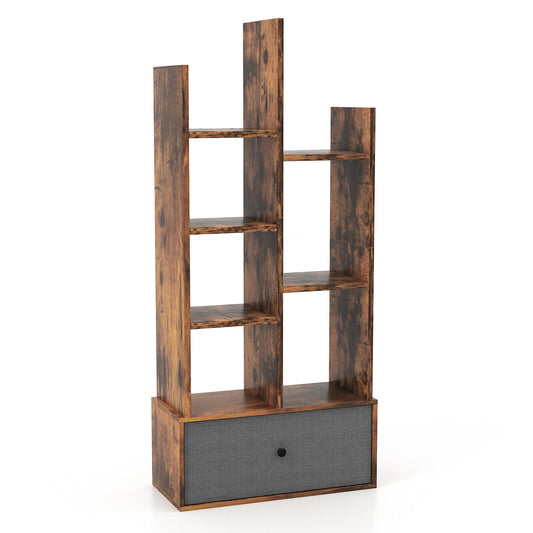 7-Tier Open-Back Bookshelf with Drawer-Rustic Brown Kids Crystal