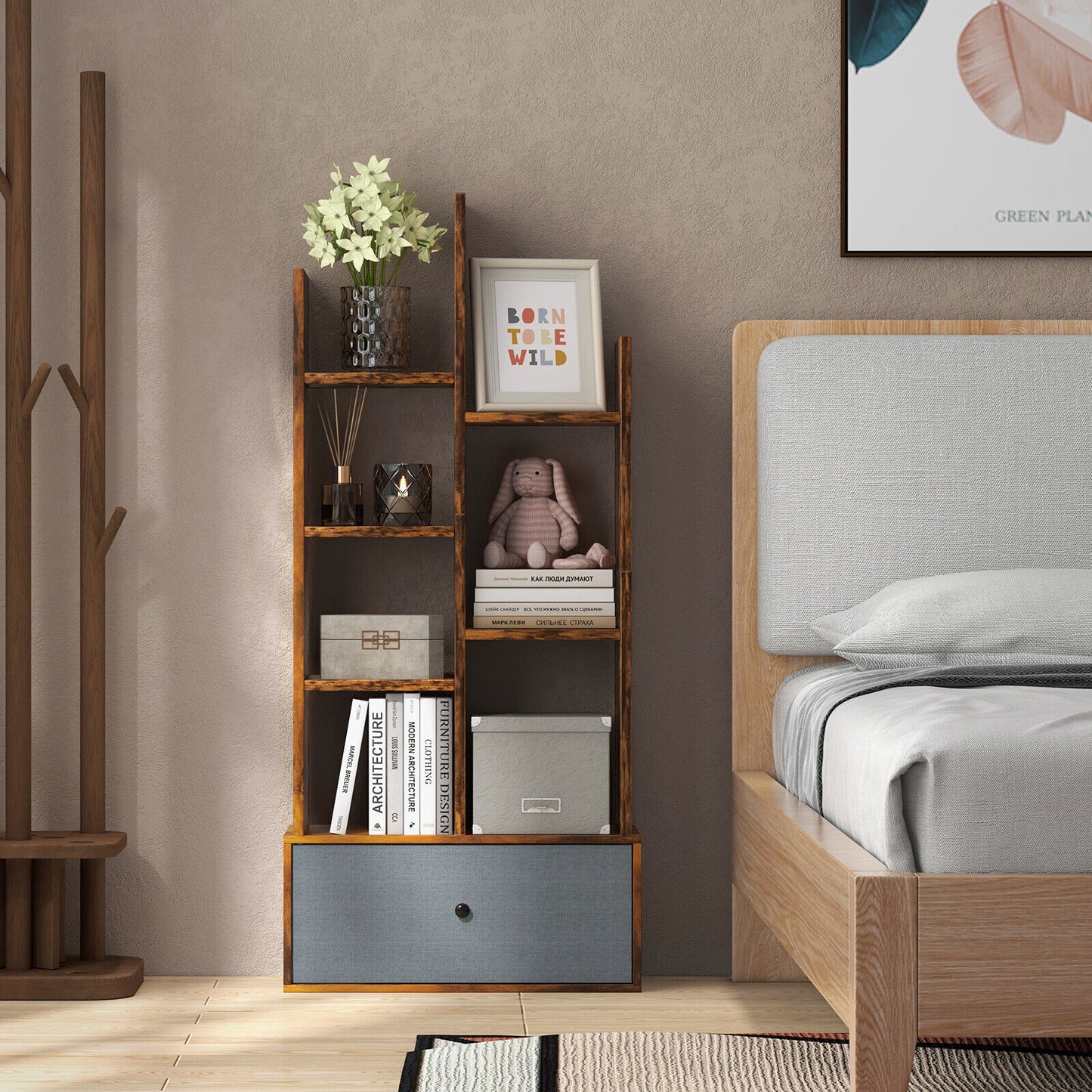 7-Tier Open-Back Bookshelf with Drawer-Rustic Brown Kids Crystal