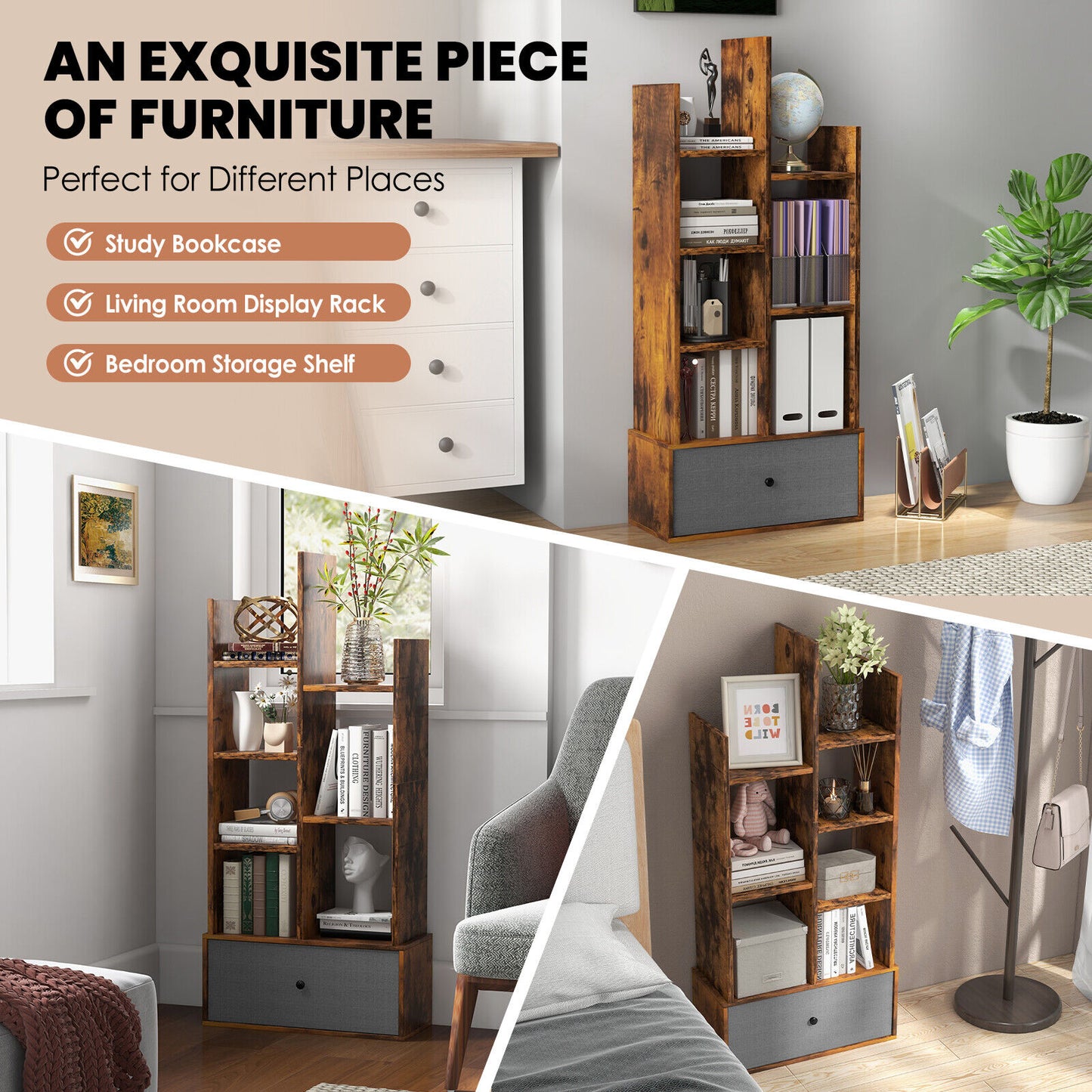 7-Tier Open-Back Bookshelf with Drawer-Rustic Brown Kids Crystal