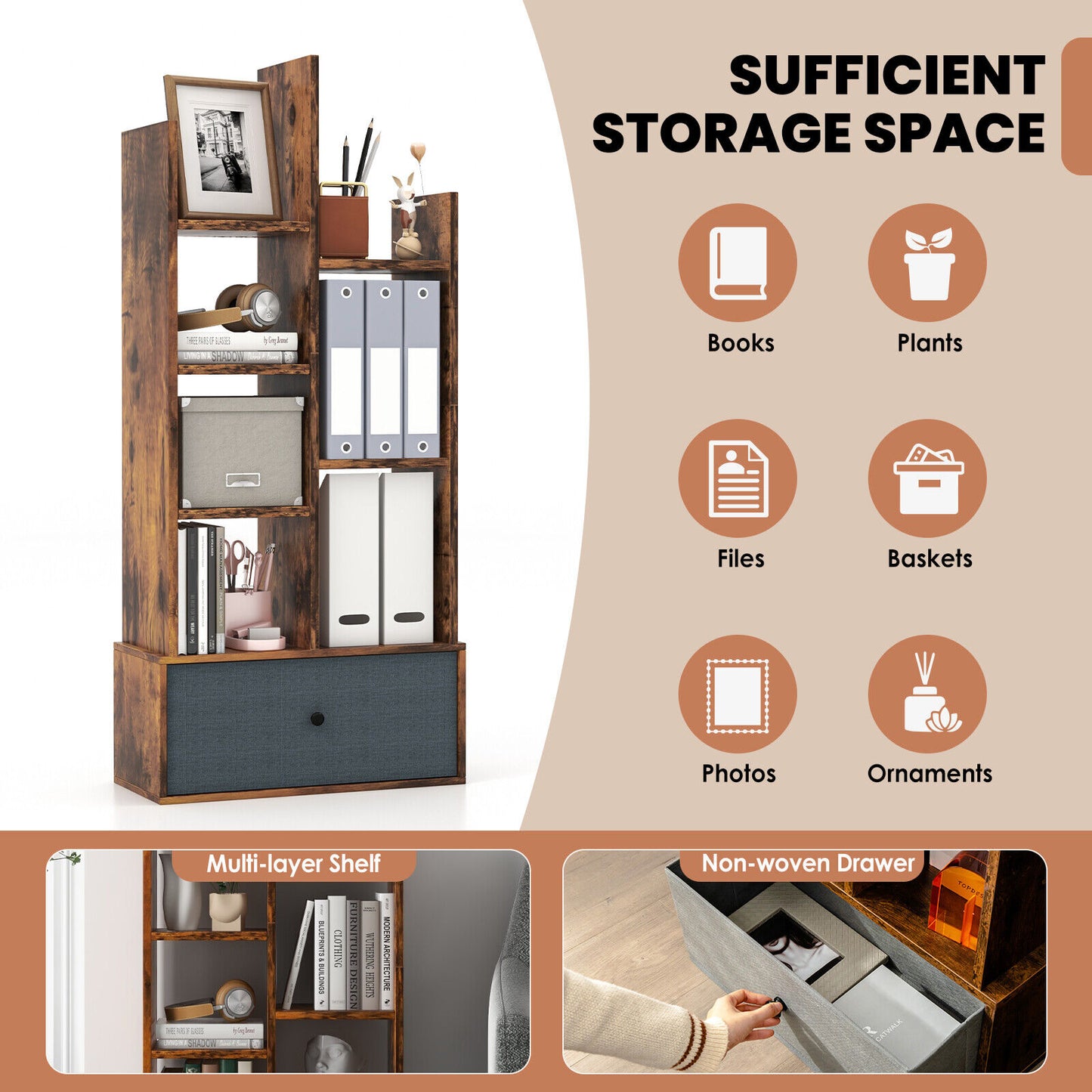 7-Tier Open-Back Bookshelf with Drawer-Rustic Brown Kids Crystal