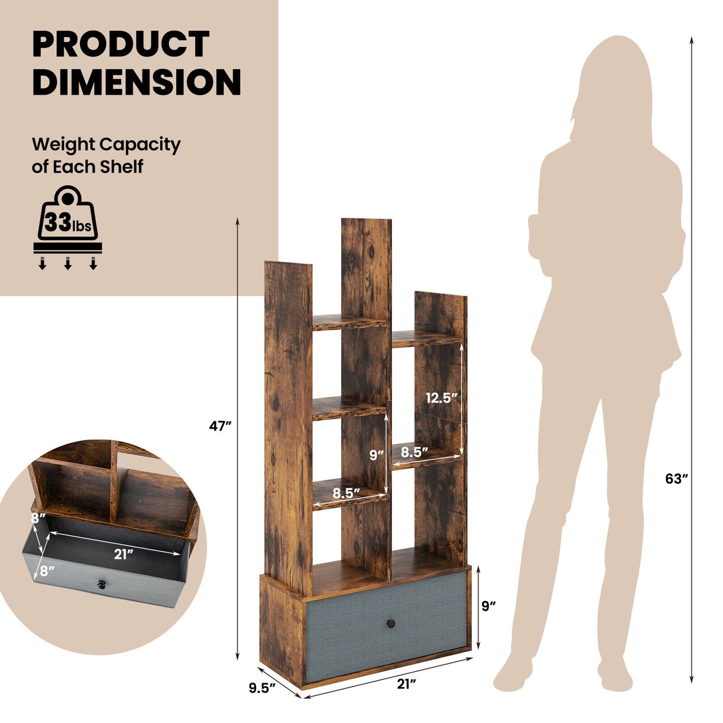 7-Tier Open-Back Bookshelf with Drawer-Rustic Brown Kids Crystal