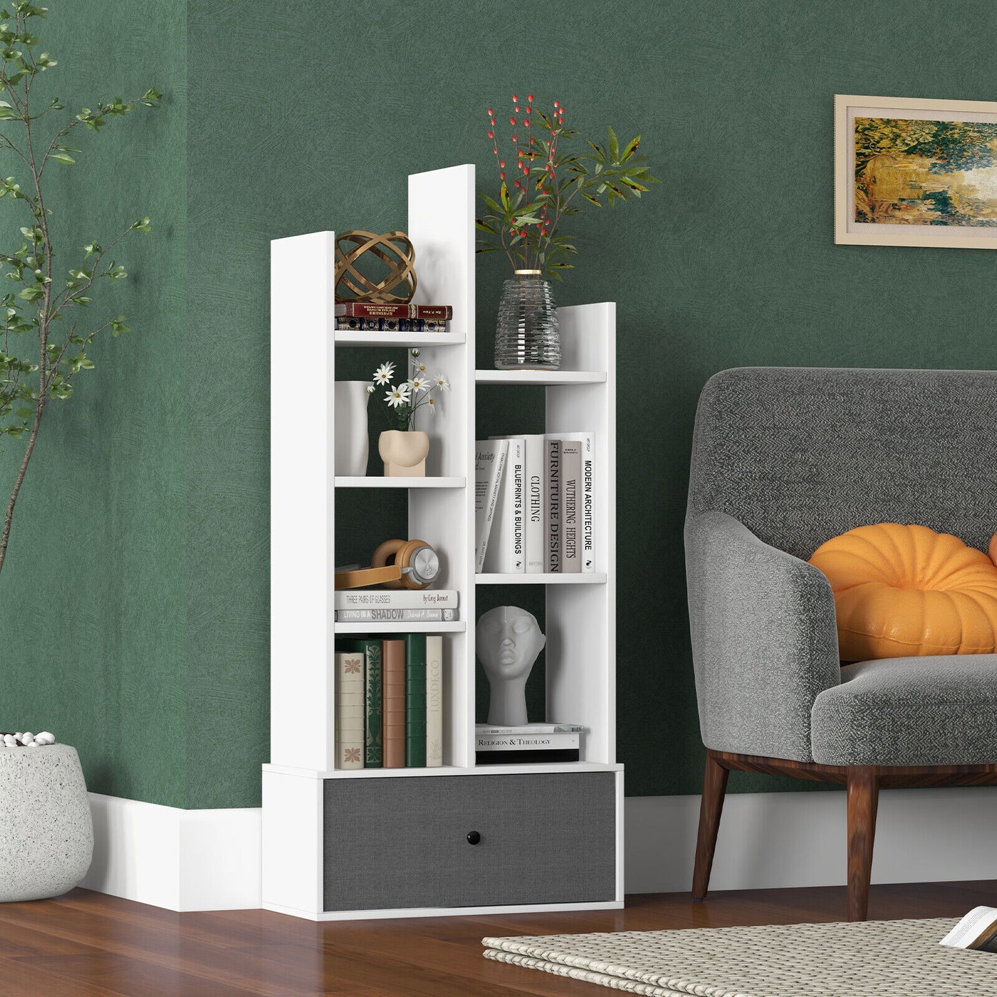 7-Tier Open-Back Bookshelf with Drawer-White Kids Crystal