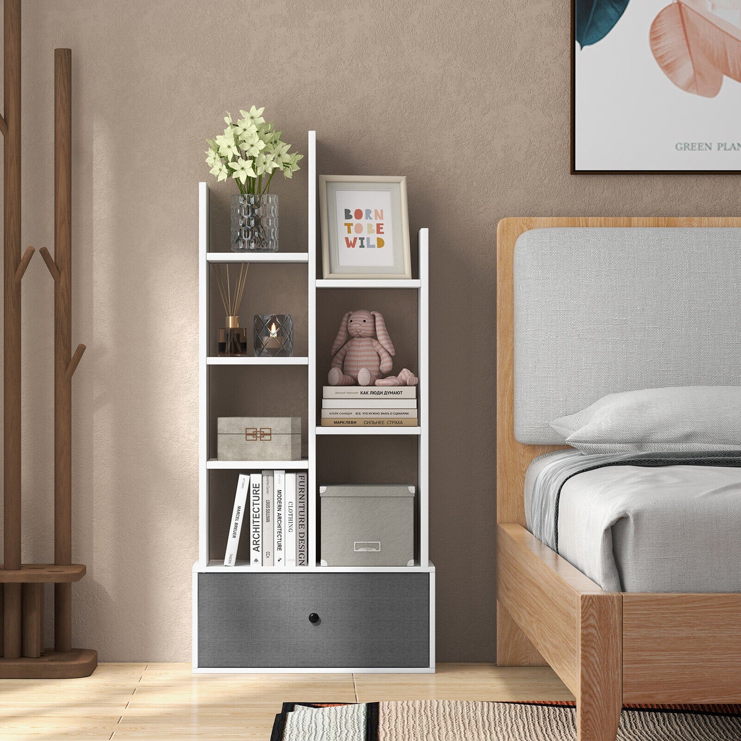 7-Tier Open-Back Bookshelf with Drawer-White Kids Crystal
