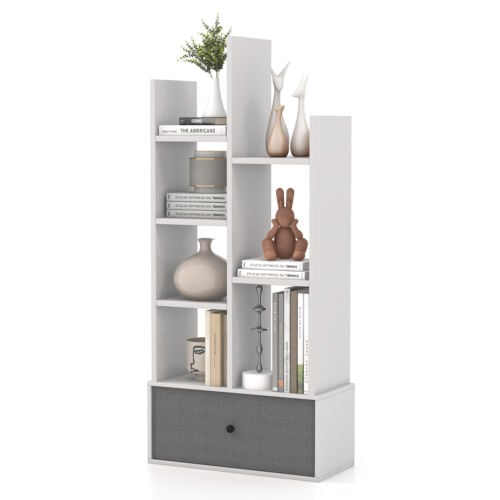7-Tier Open-Back Bookshelf with Drawer-White Kids Crystal