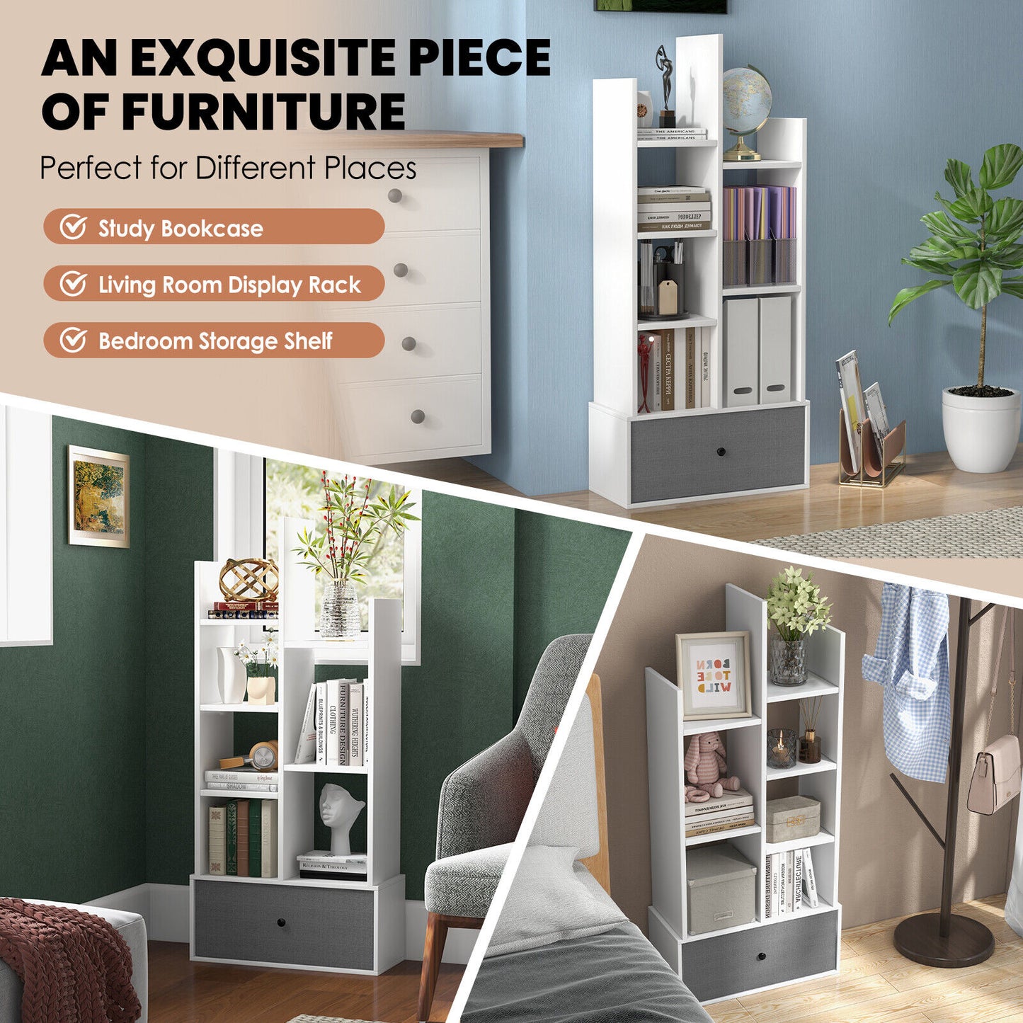 7-Tier Open-Back Bookshelf with Drawer-White Kids Crystal