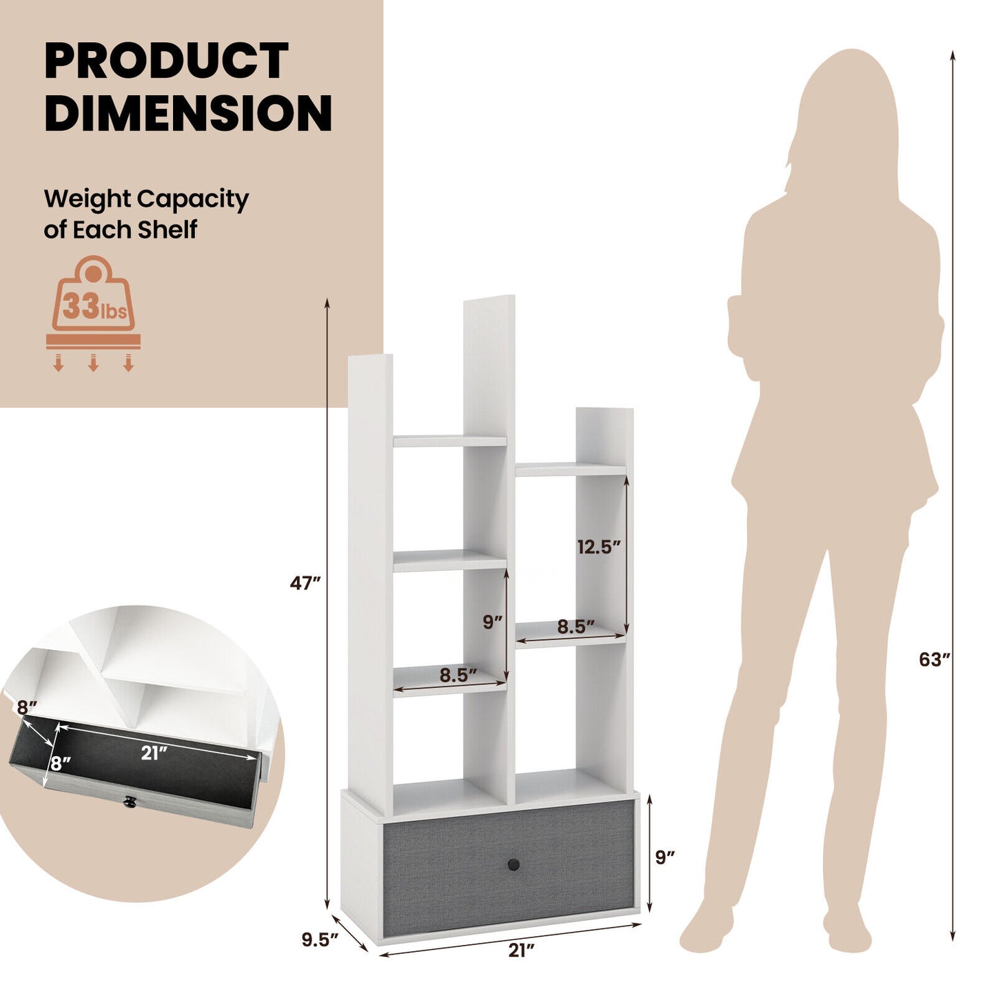 7-Tier Open-Back Bookshelf with Drawer-White Kids Crystal