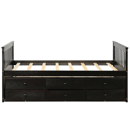 Twin Captain’s Bed with Trundle Bed with 3 Storage Drawers-Dark Brown