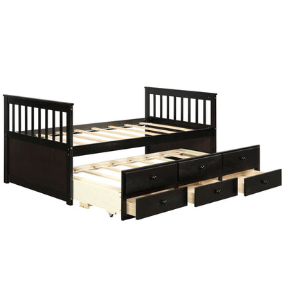 Twin Captain’s Bed with Trundle Bed with 3 Storage Drawers-Dark Brown