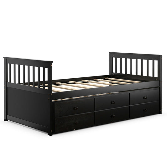 Twin Captain’s Bed with Trundle Bed with 3 Storage Drawers-Dark Brown Kids Crystal