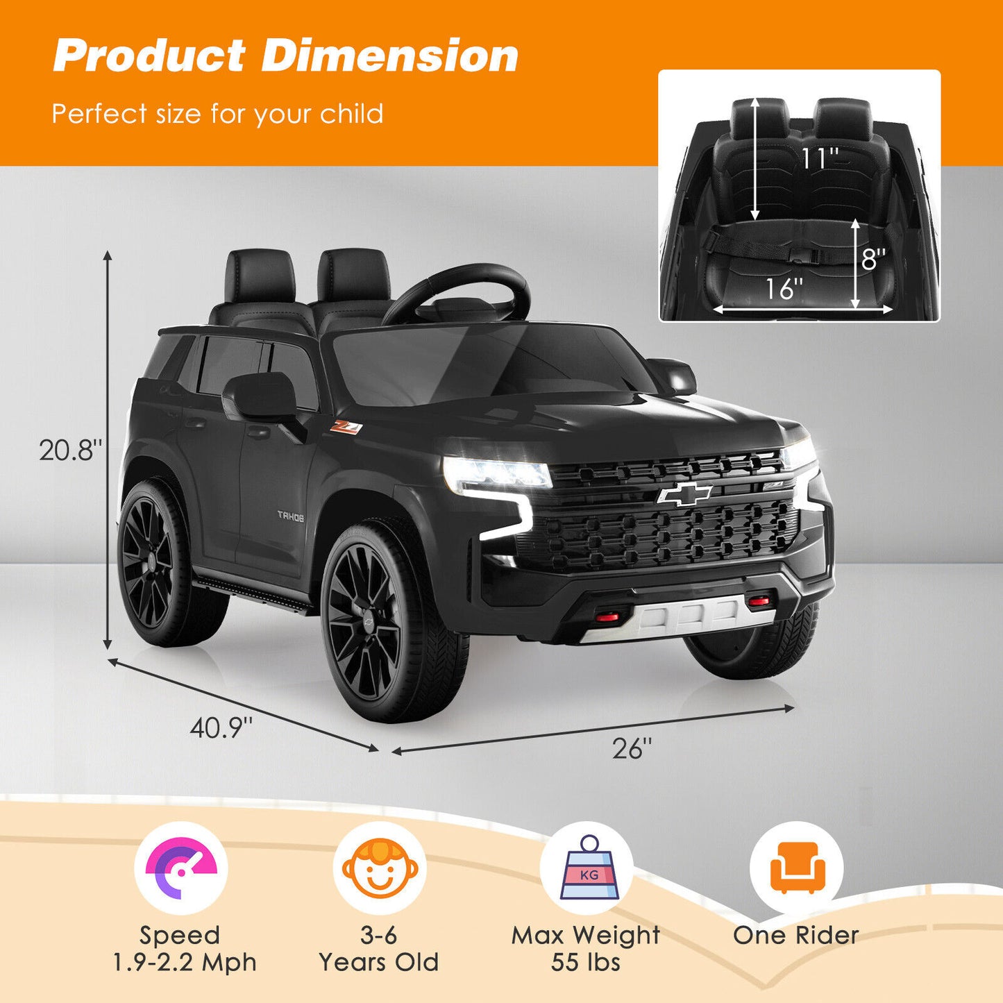 12V Kids Ride on Car with 2.4G Remote Control-Black Kids Crystal