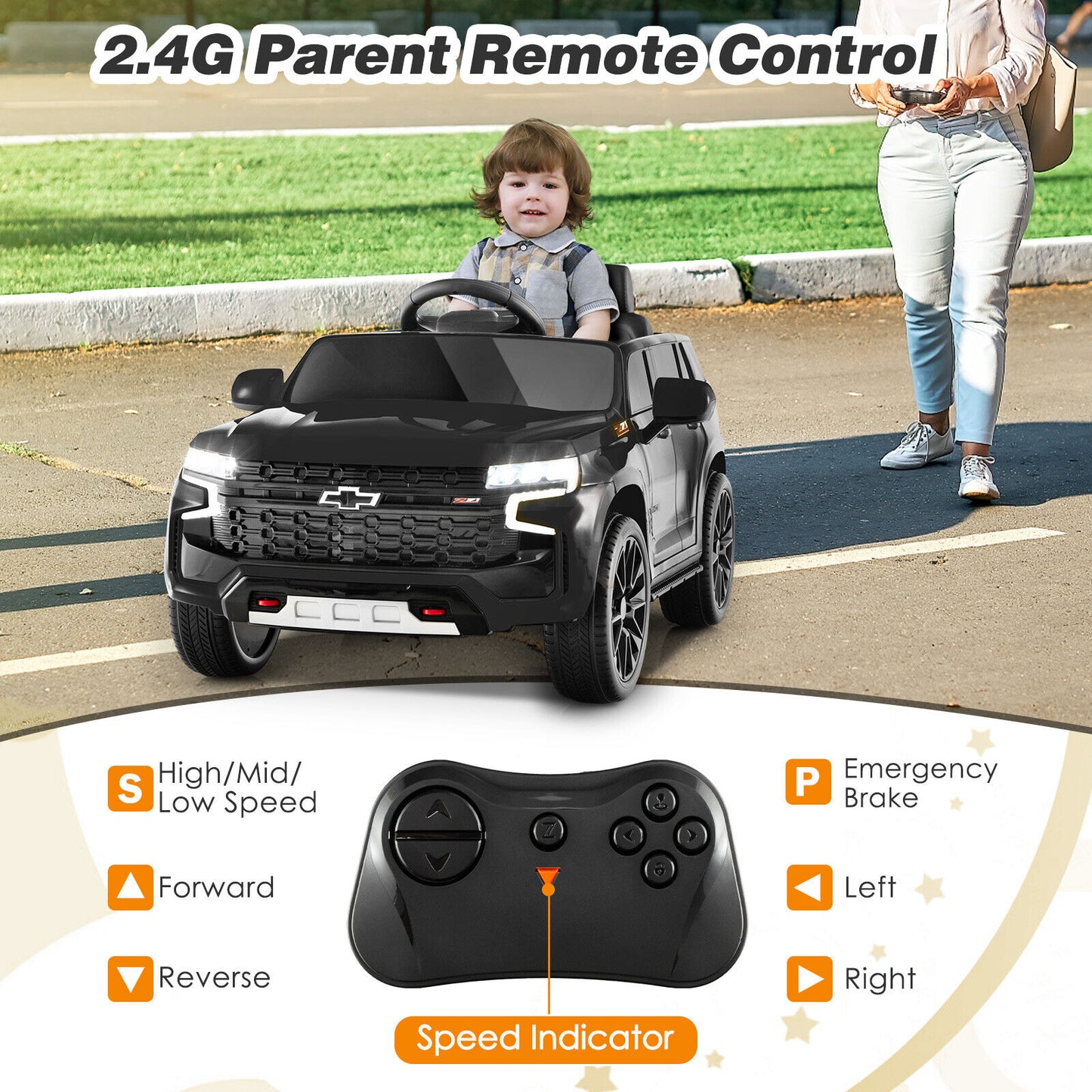 12V Kids Ride on Car with 2.4G Remote Control-Black Kids Crystal