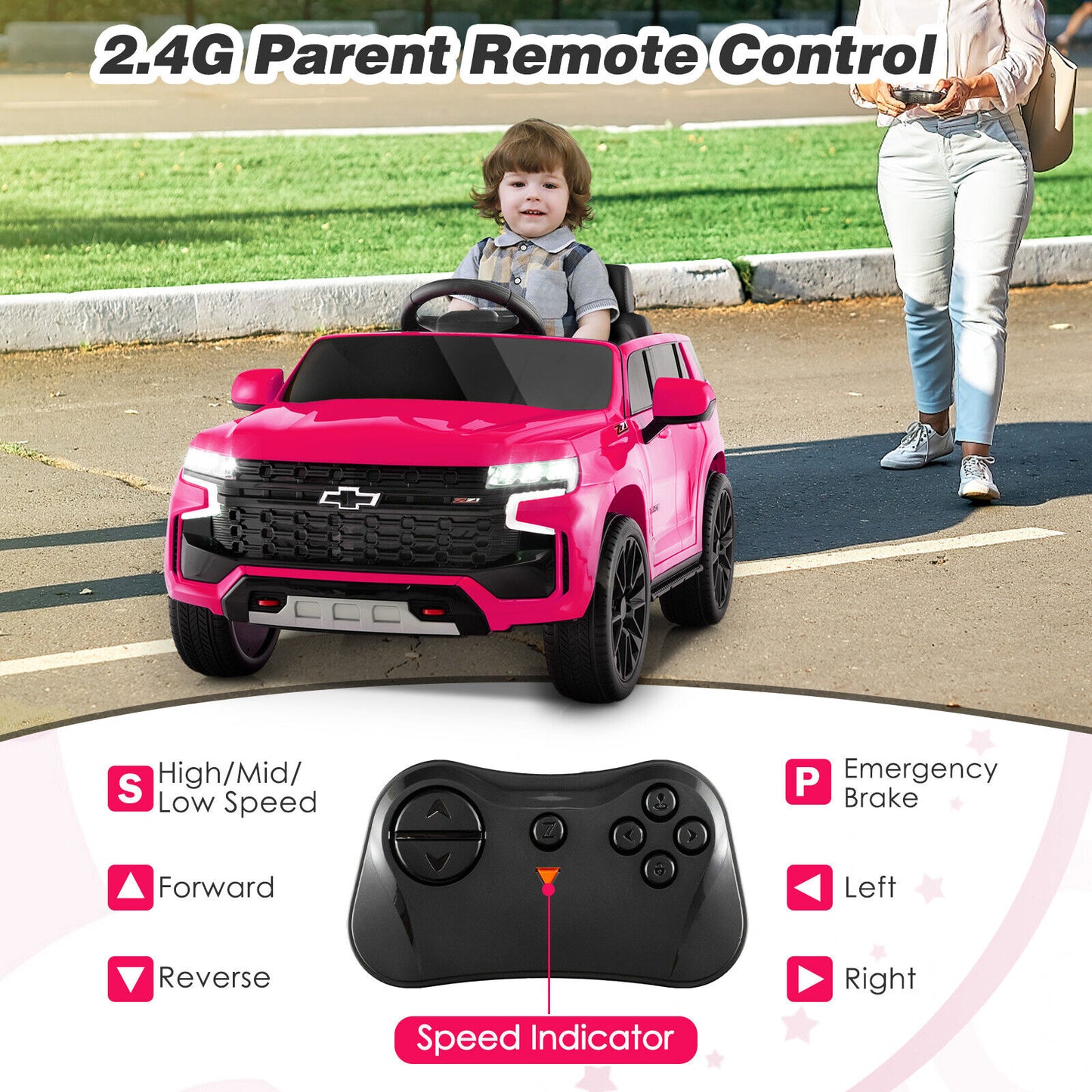 12V Kids Ride on Car with 2.4G Remote Control-Pink Kids Crystal
