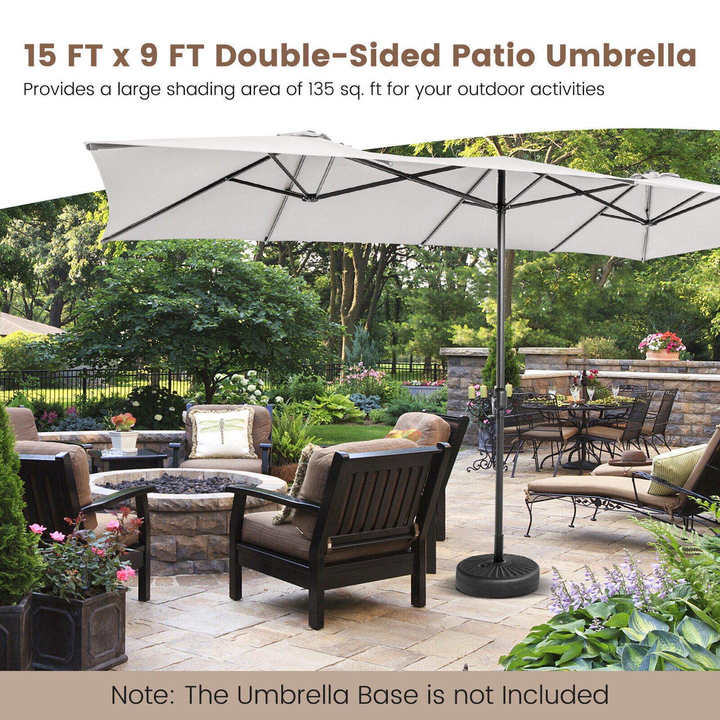 15 Feet Double-Sized Patio Umbrella with Crank Handle and Vented Tops-Beige Kids Crystal