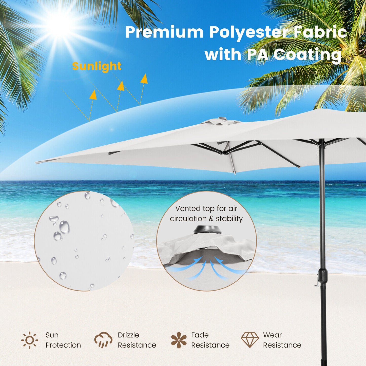 15 Feet Double-Sized Patio Umbrella with Crank Handle and Vented Tops-Beige Kids Crystal