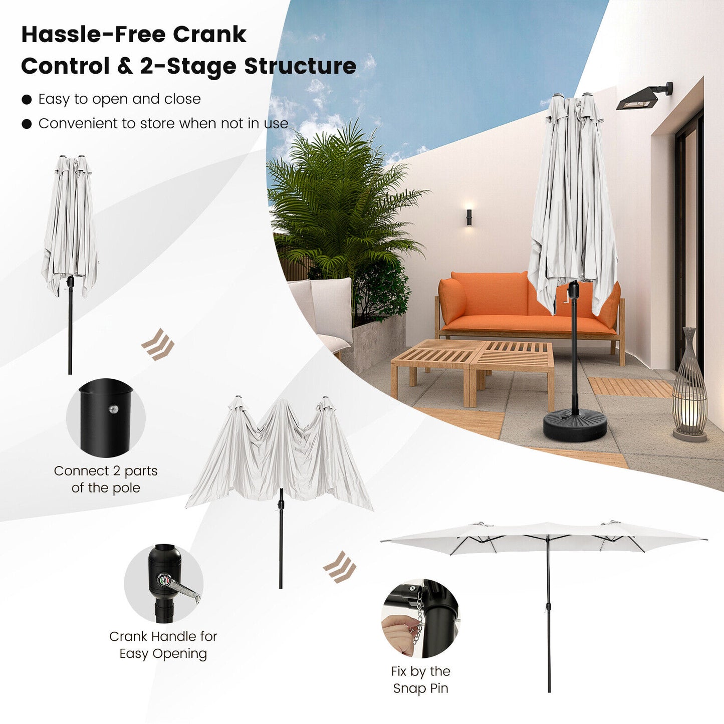 15 Feet Double-Sized Patio Umbrella with Crank Handle and Vented Tops-Beige Kids Crystal