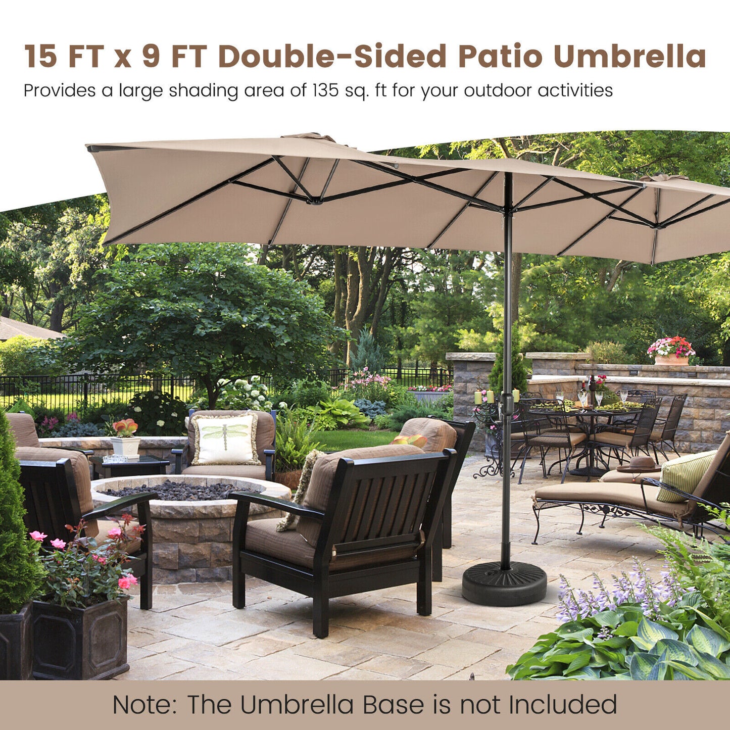 15 Feet Double-Sized Patio Umbrella with Crank Handle and Vented Tops-Brown Kids Crystal