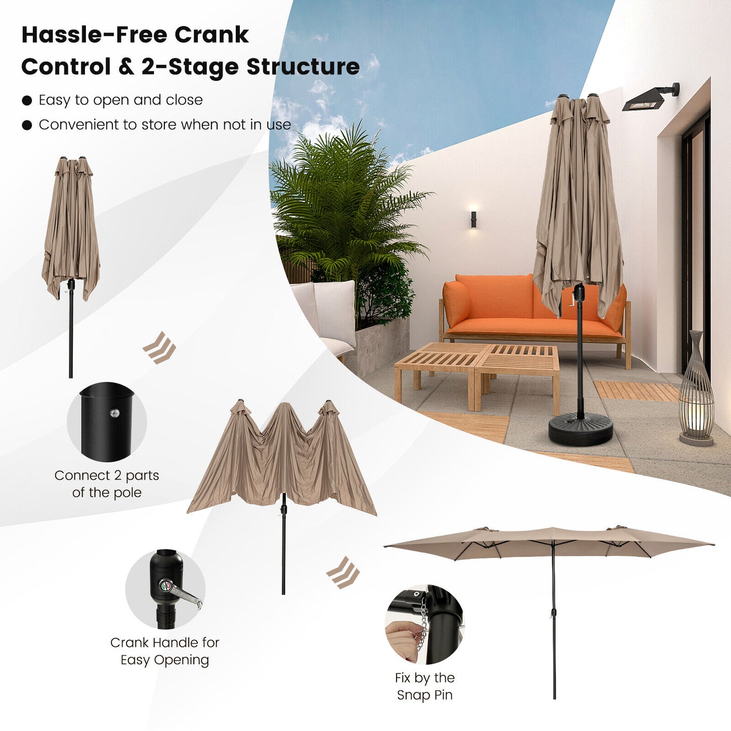 15 Feet Double-Sized Patio Umbrella with Crank Handle and Vented Tops-Brown Kids Crystal