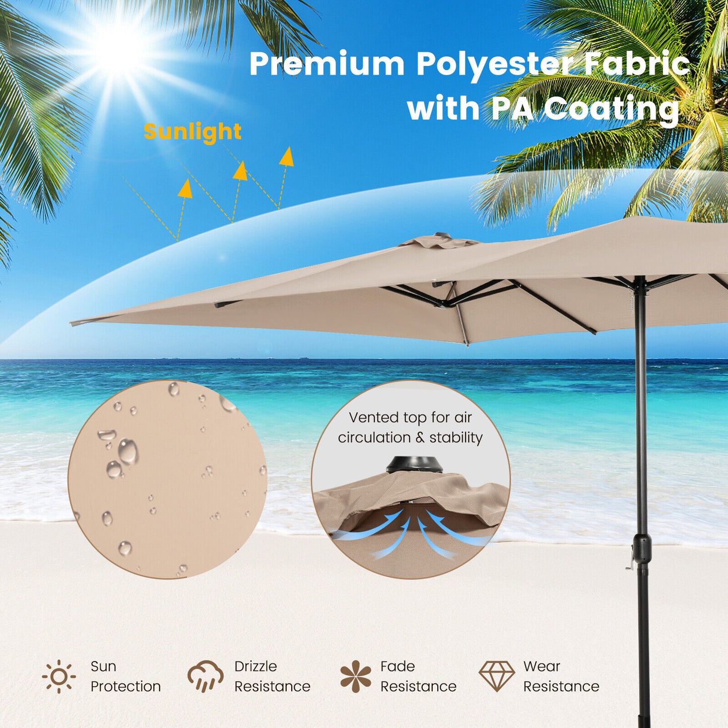 15 Feet Double-Sized Patio Umbrella with Crank Handle and Vented Tops-Brown Kids Crystal