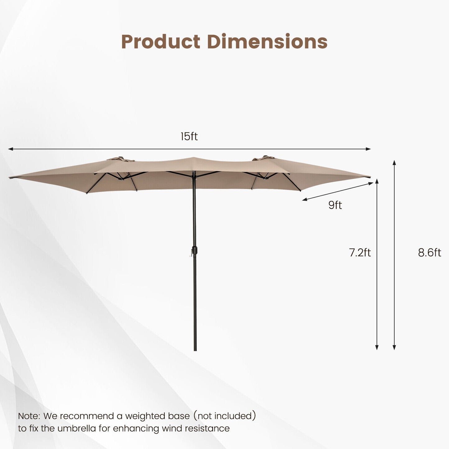 15 Feet Double-Sized Patio Umbrella with Crank Handle and Vented Tops-Brown Kids Crystal