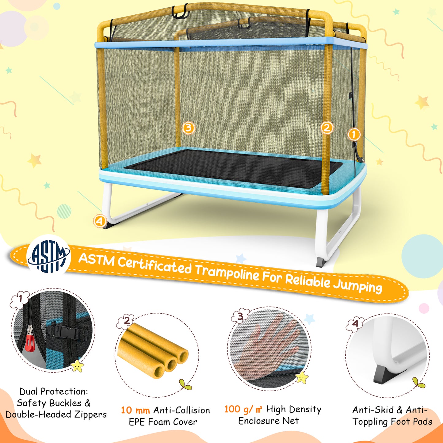 6 Feet Rectangle Trampoline with Swing Horizontal Bar and Safety Net-Yellow Kids Crystal