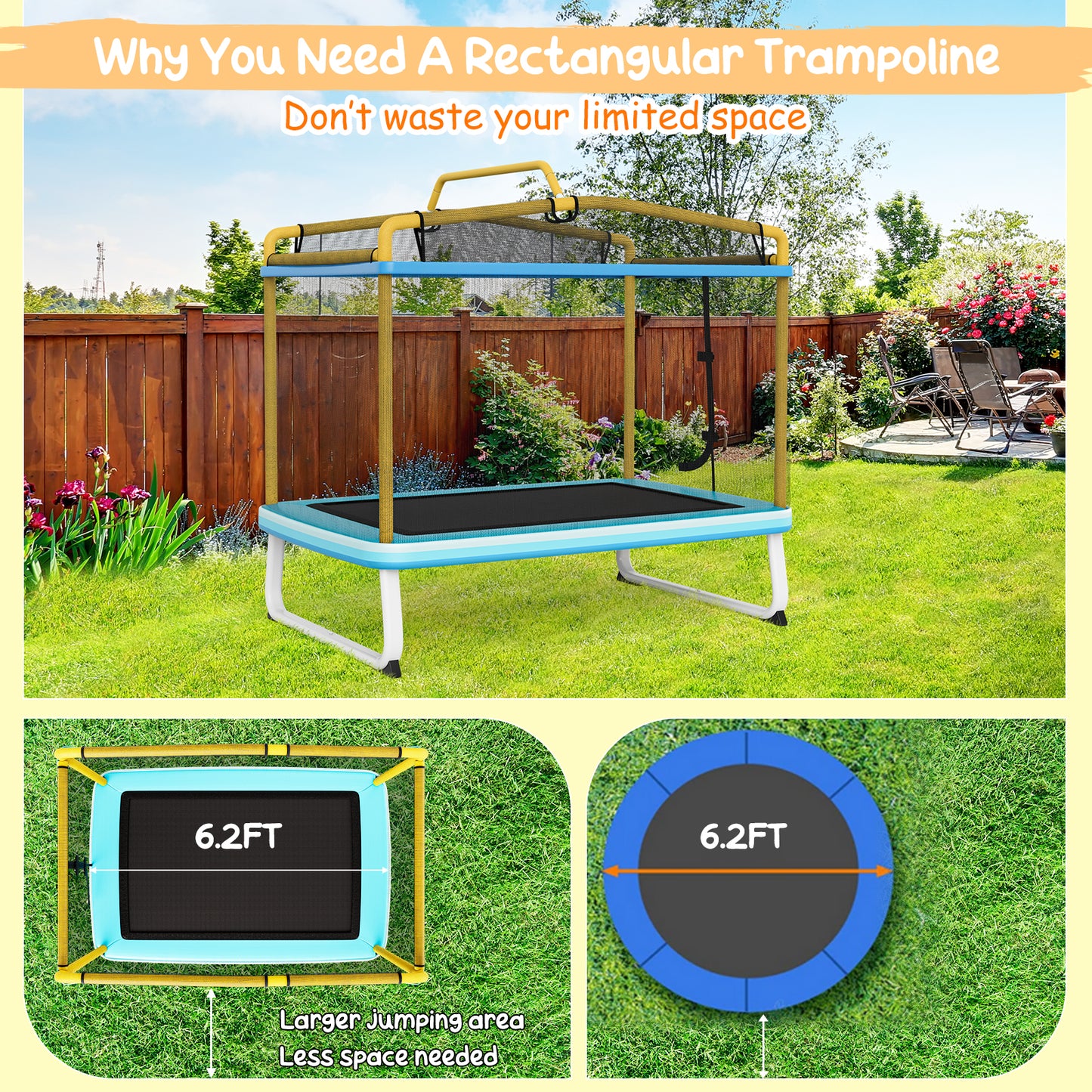 6 Feet Rectangle Trampoline with Swing Horizontal Bar and Safety Net-Yellow Kids Crystal