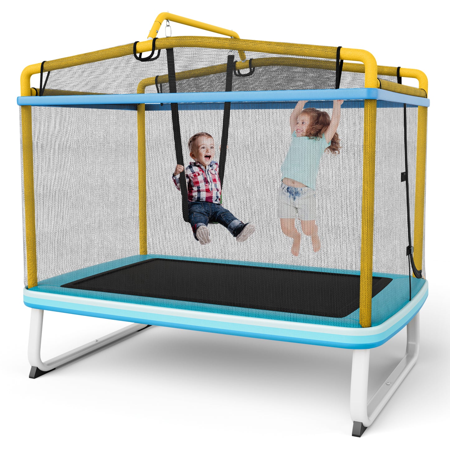 6 Feet Rectangle Trampoline with Swing Horizontal Bar and Safety Net-Yellow Kids Crystal