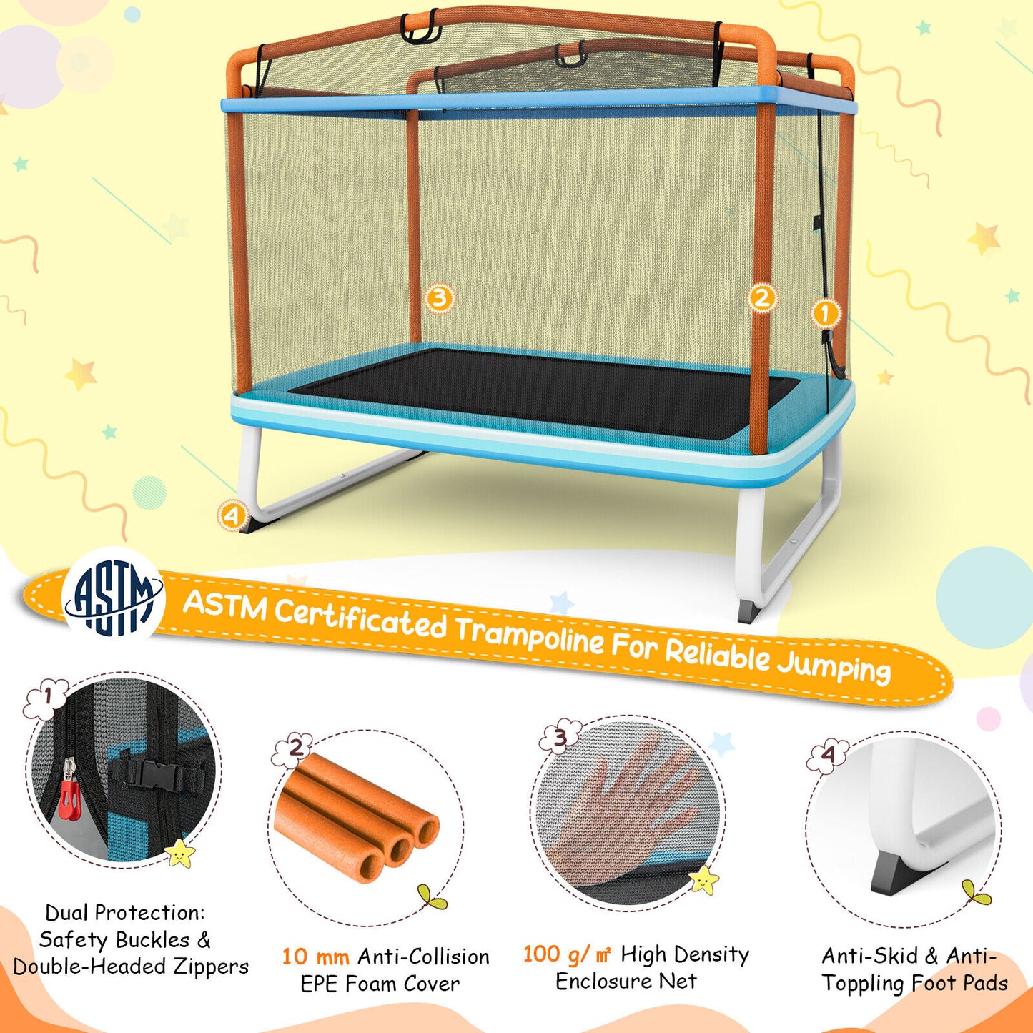 6 Feet Rectangle Trampoline with Swing Horizontal Bar and Safety Net-Orange Kids Crystal