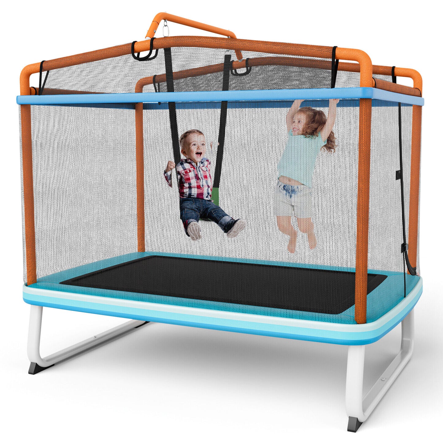 6 Feet Rectangle Trampoline with Swing Horizontal Bar and Safety Net-Orange Kids Crystal