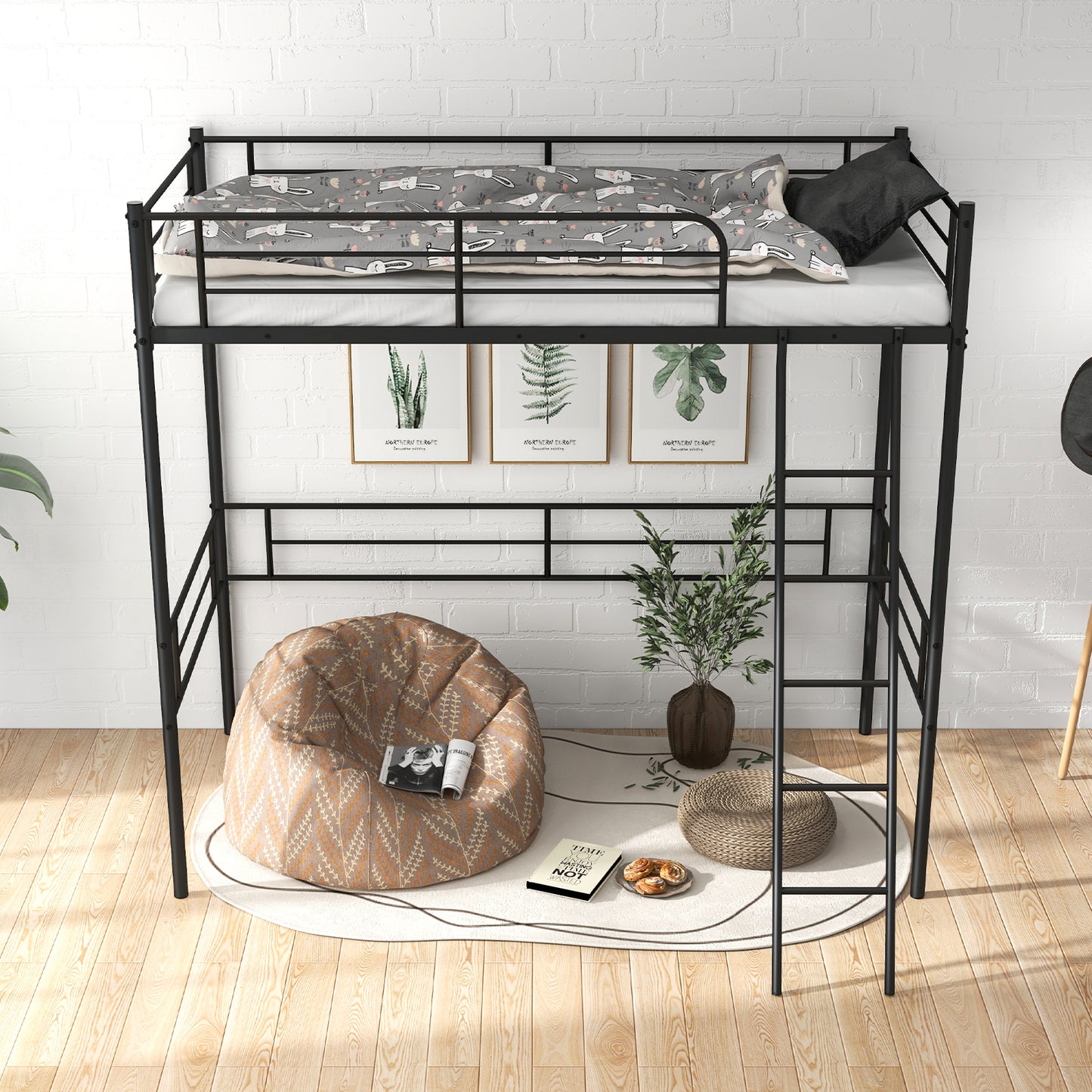 Metal Loft Twin Bed Frame Single High Loft Bed-Black Kids Crystal