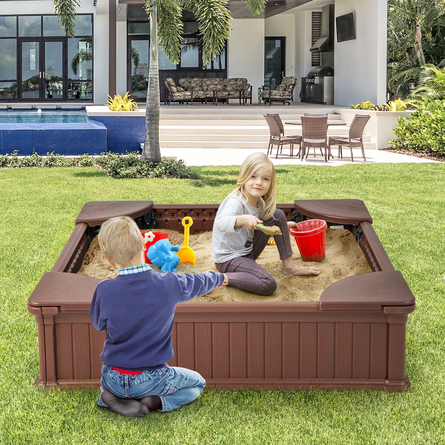 Kids Outdoor Sandbox with Oxford Cover and 4 Corner Seats-Brown Kids Crystal