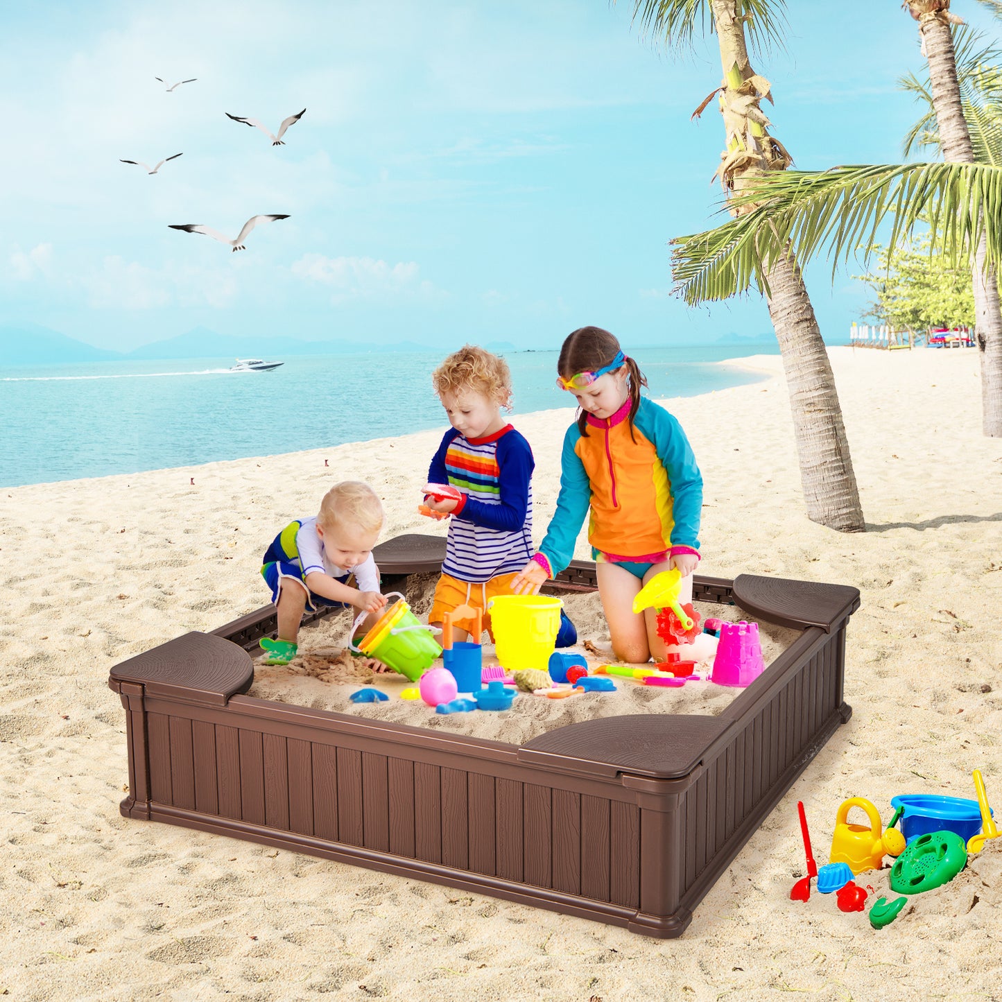 Kids Outdoor Sandbox with Oxford Cover and 4 Corner Seats-Brown Kids Crystal