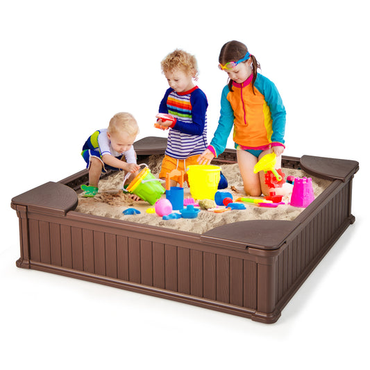 Kids Outdoor Sandbox with Oxford Cover and 4 Corner Seats-Brown Kids Crystal