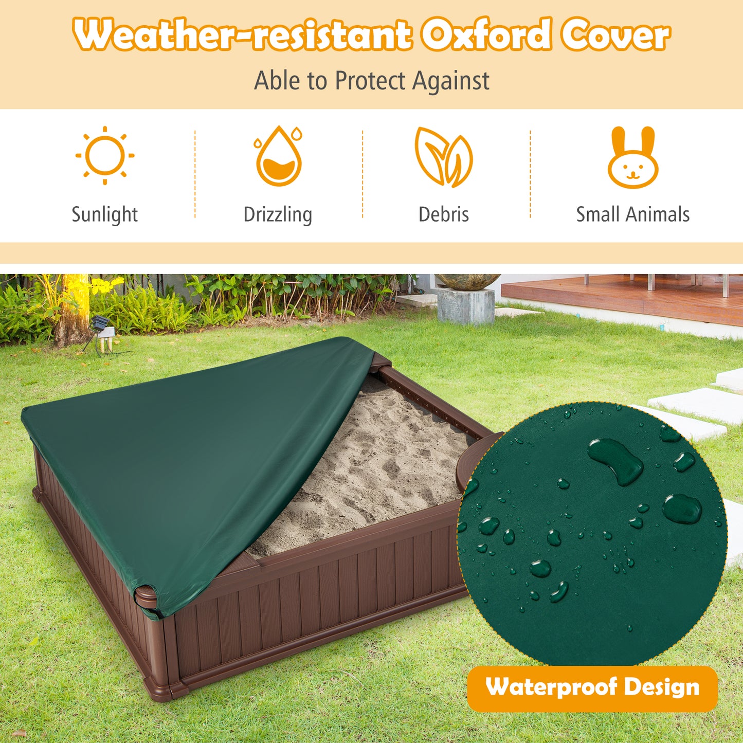 Kids Outdoor Sandbox with Oxford Cover and 4 Corner Seats-Brown Kids Crystal