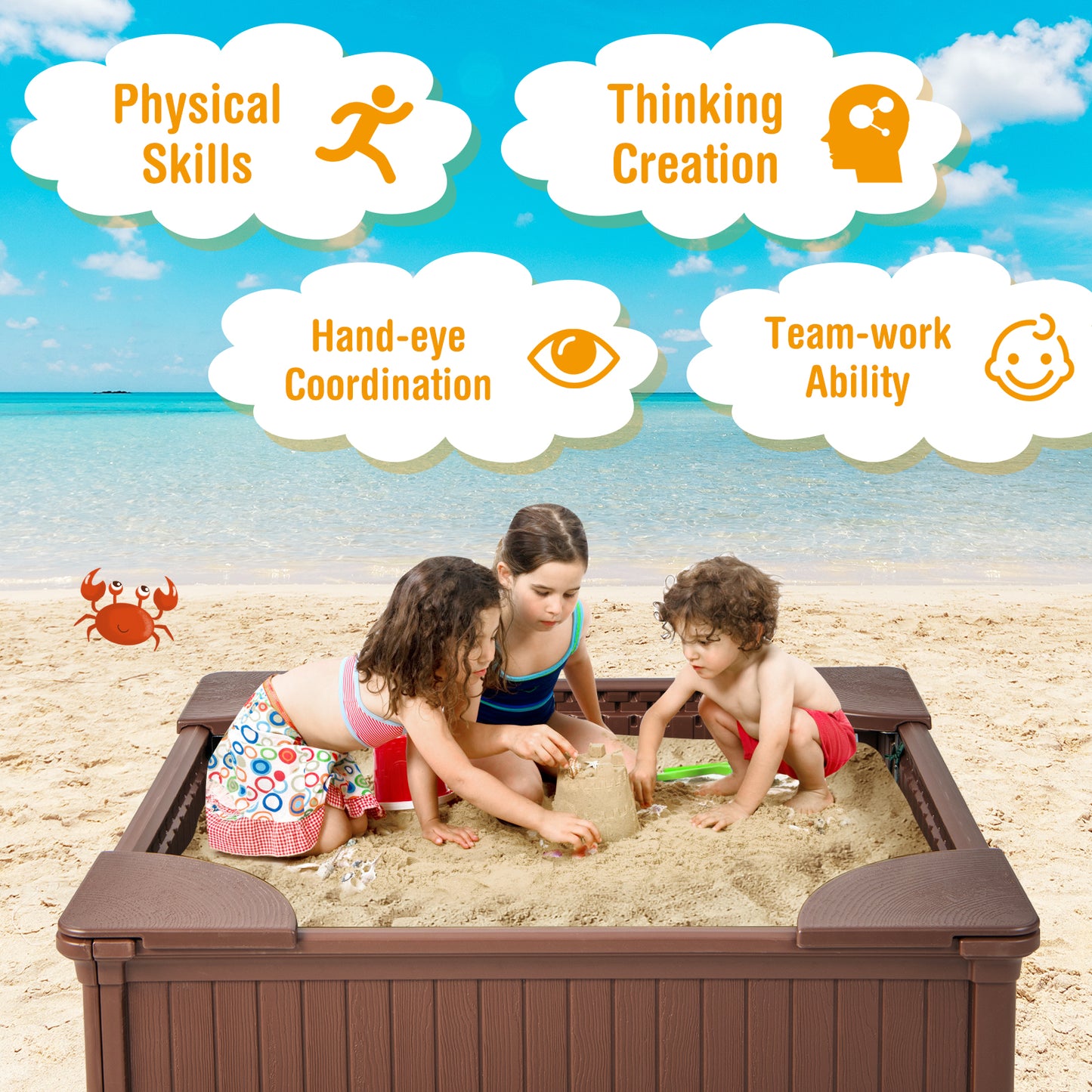 Kids Outdoor Sandbox with Oxford Cover and 4 Corner Seats-Brown Kids Crystal