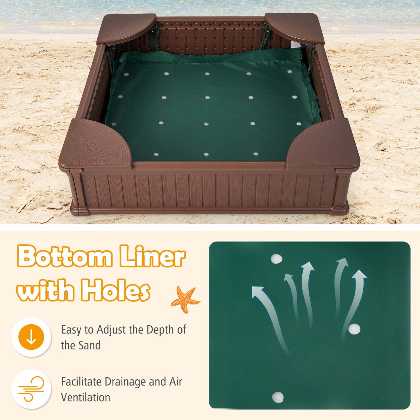 Kids Outdoor Sandbox with Oxford Cover and 4 Corner Seats-Brown Kids Crystal
