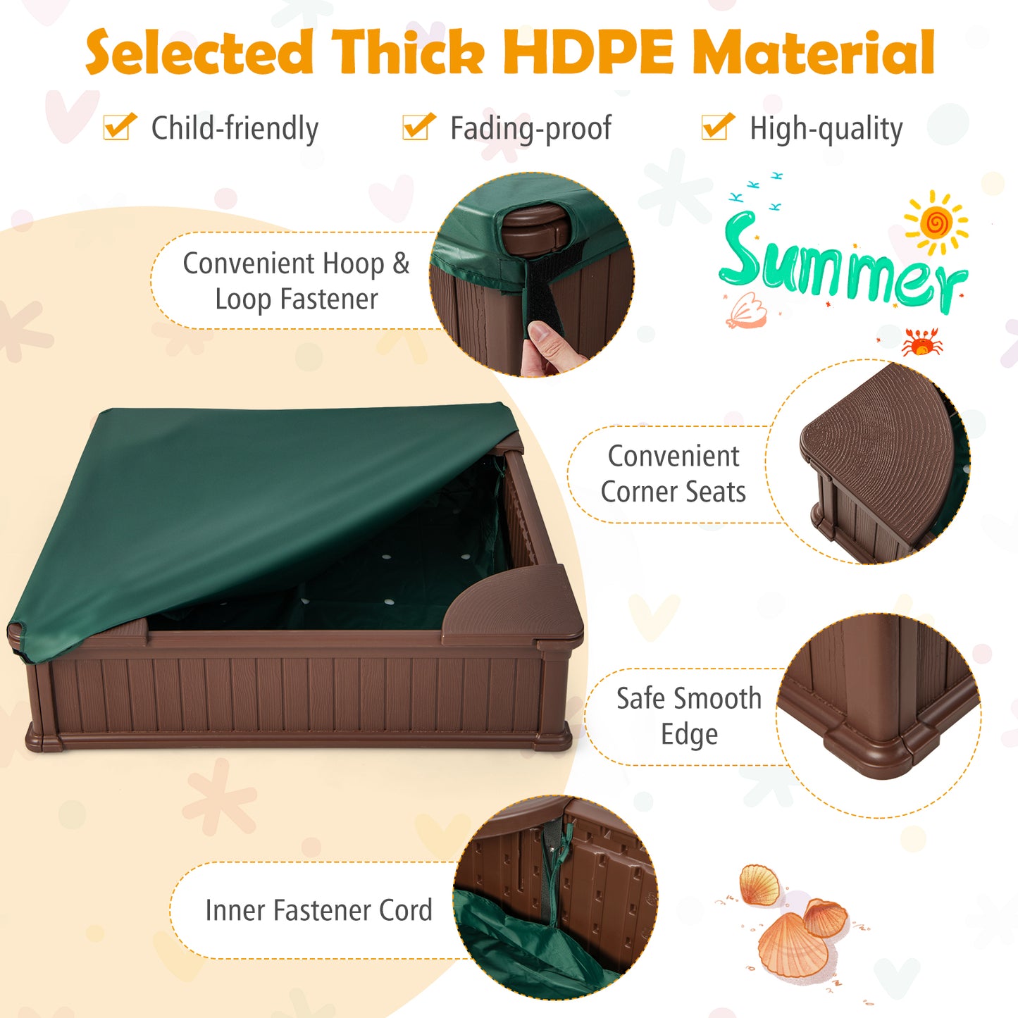 Kids Outdoor Sandbox with Oxford Cover and 4 Corner Seats-Brown Kids Crystal