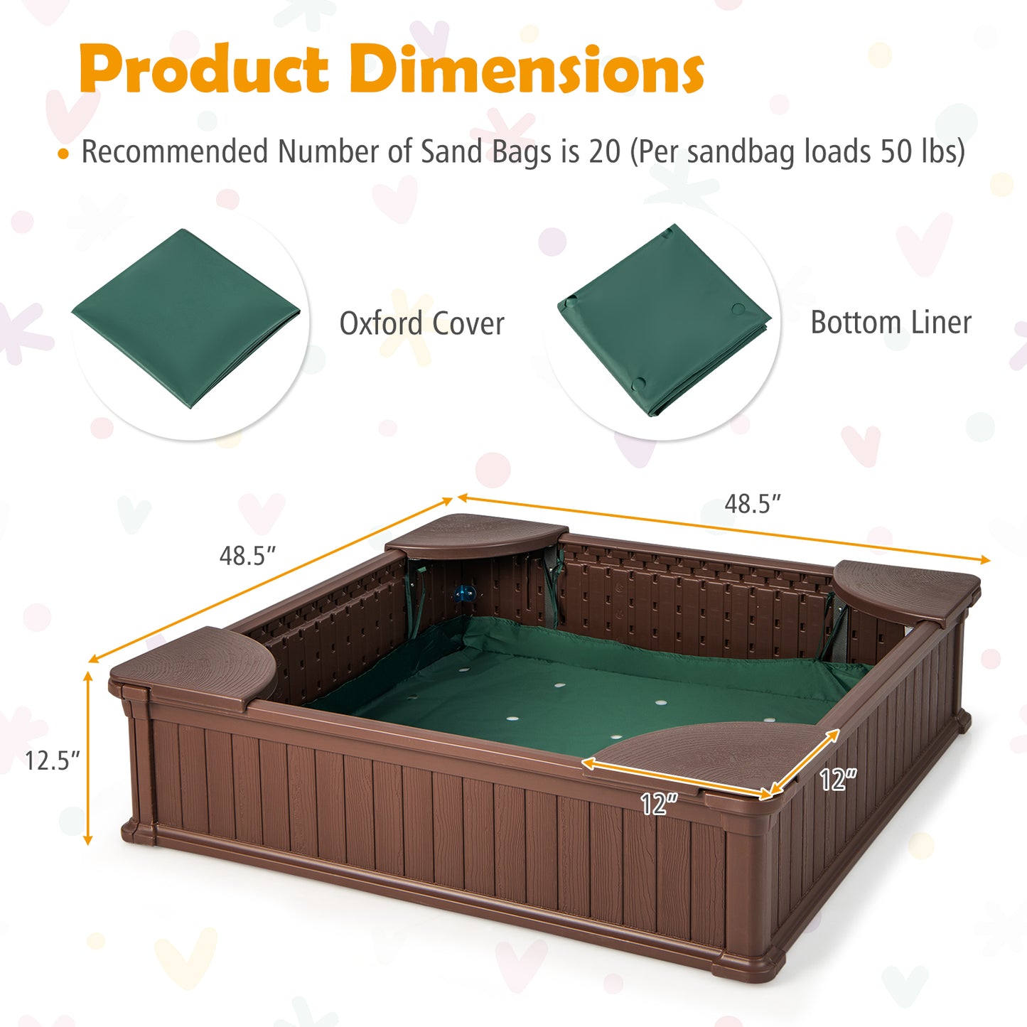 Kids Outdoor Sandbox with Oxford Cover and 4 Corner Seats-Brown Kids Crystal
