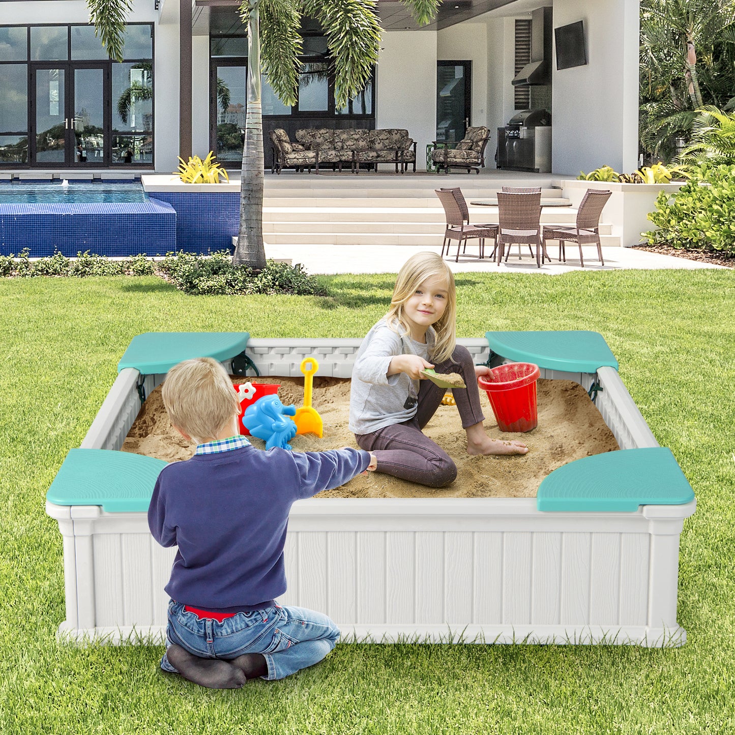Kids Outdoor Sandbox with Oxford Cover and 4 Corner Seats-White Kids Crystal