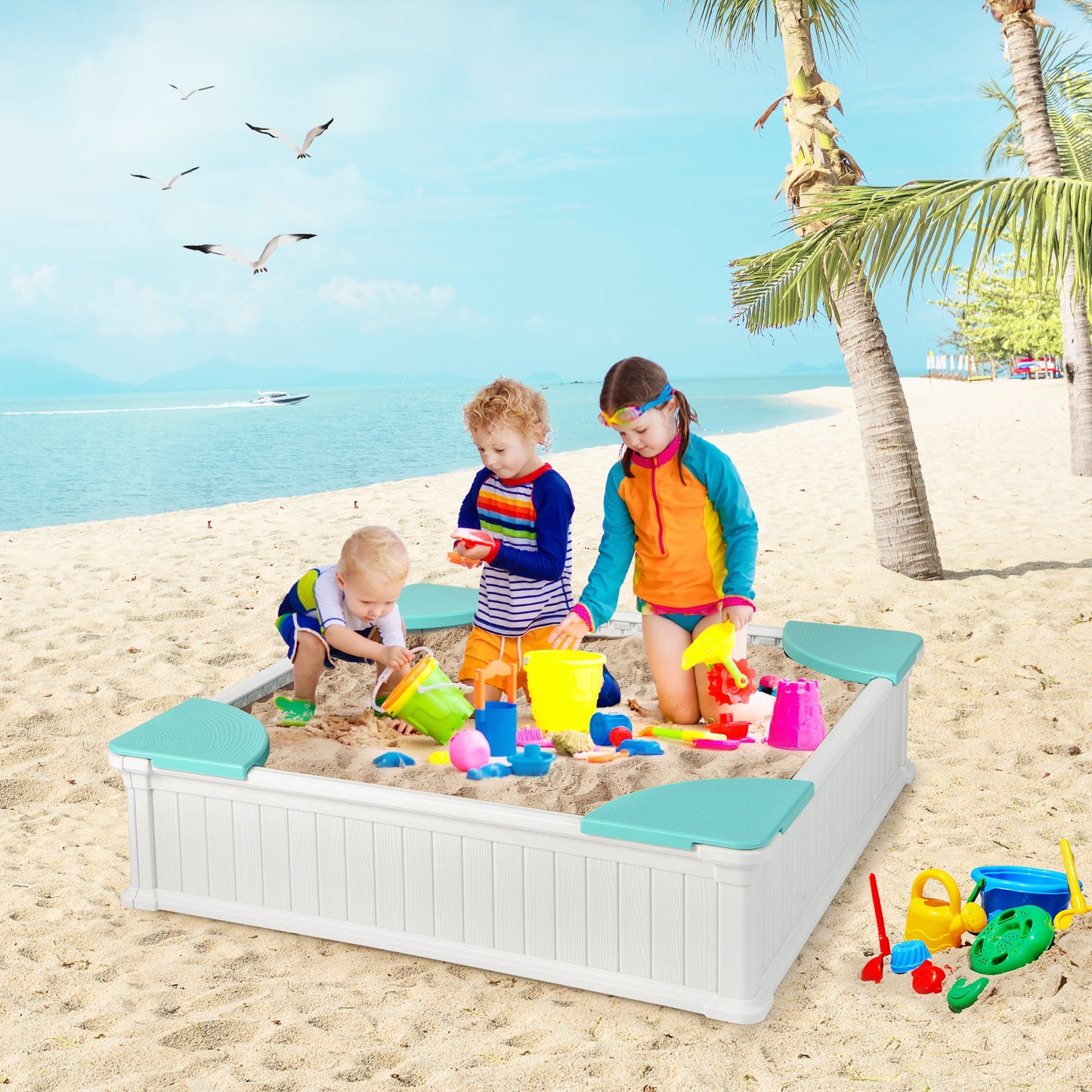 Kids Outdoor Sandbox with Oxford Cover and 4 Corner Seats-White Kids Crystal