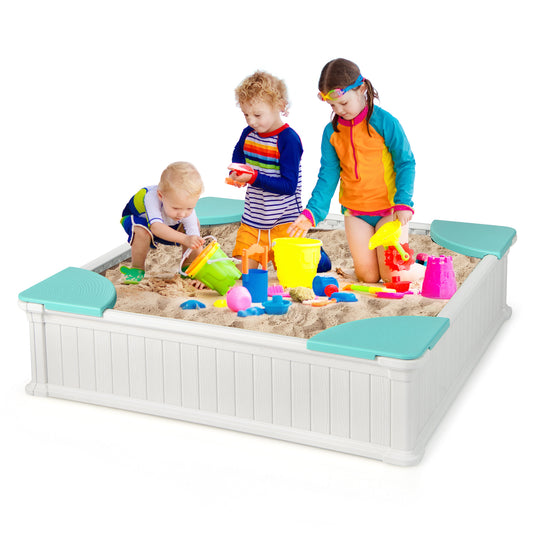 Kids Outdoor Sandbox with Oxford Cover and 4 Corner Seats-White Kids Crystal