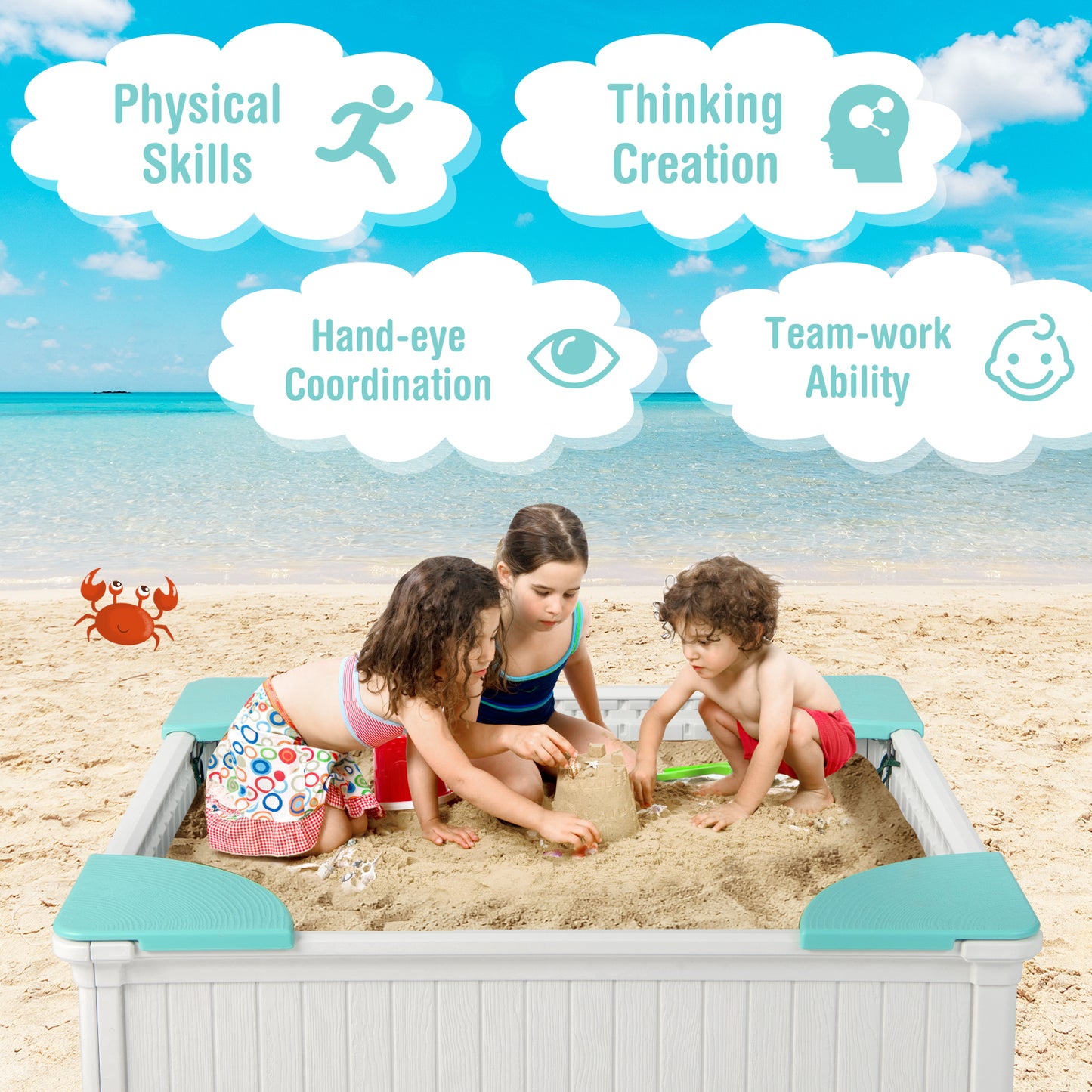 Kids Outdoor Sandbox with Oxford Cover and 4 Corner Seats-White Kids Crystal